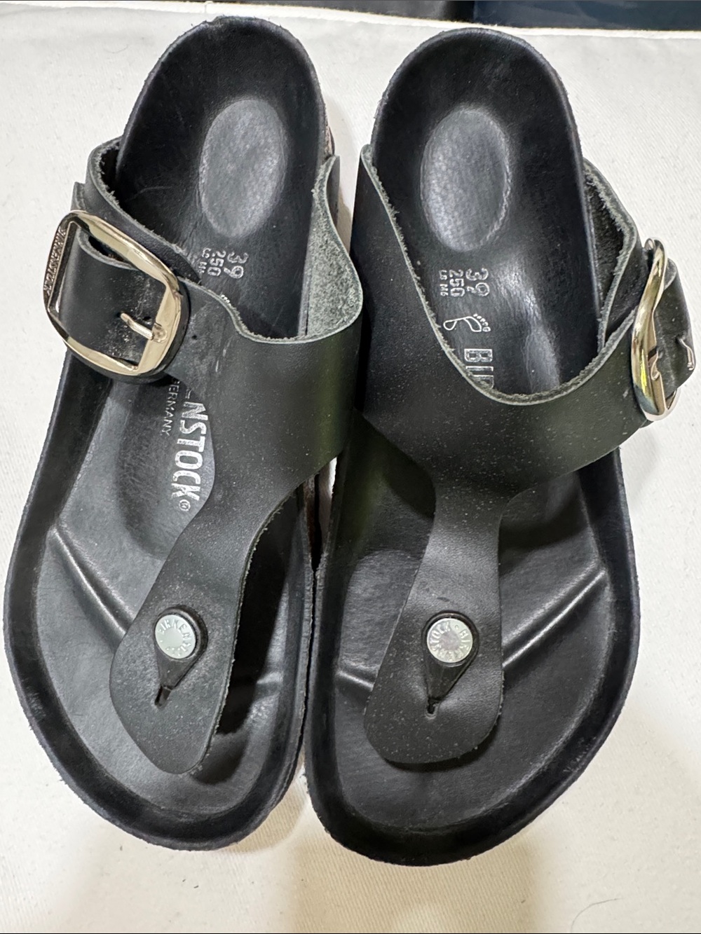Birkenstock Black Gizeh-Style Thong Sandals with Gold Buckles